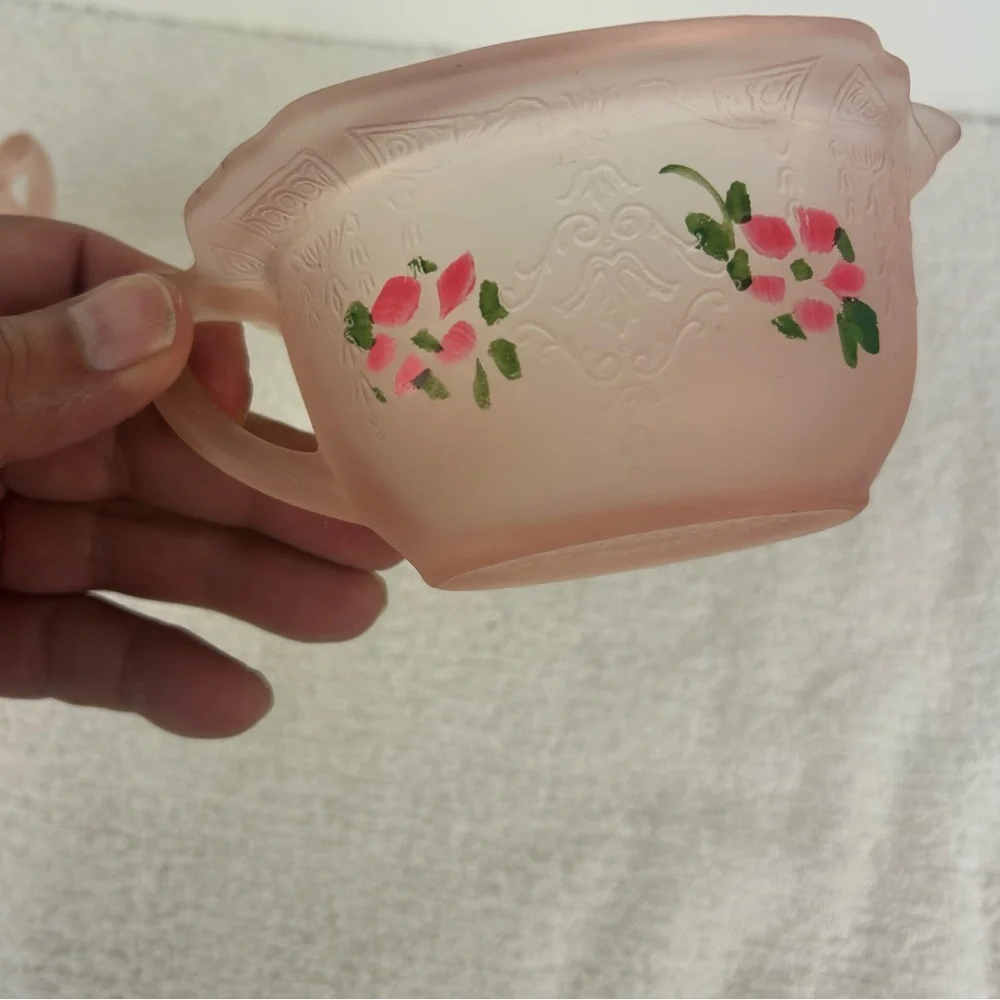 VTG Embossed Hand Painted Flower Pink Satin Glass Creamer Sugar Set of 2